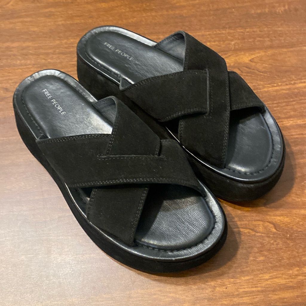Free People Black Suede Leather Asbury Flatform Slides Size 7.5